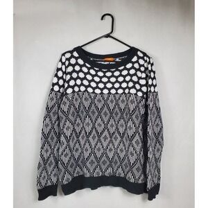 Joe Fresh Womens XL Cotton Sweater Black White Geometric Diamond Polka Dot Knit